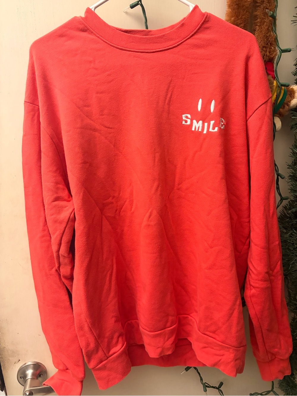 Forever 21 Coral Red Crewneck Sweater with SMILE Graphic